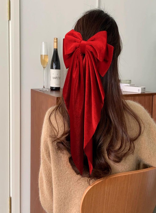 LSVOZ Bright Red Velvet Large Hair Bow Long Tail Bowknot Hair Barrette Clip 8.26 Inch Women Girls Fall Winter Ponytail Holder Hair Accessories - Image 3